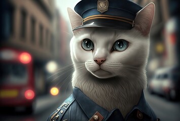 character design illustration of a white cat wearing police officer uniform with urban cityscape background Generative Ai	