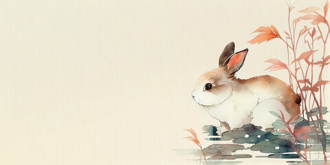 Watercolour background with rabbit, leaves and place for text. Illustration for Lunar Chinese New Year or for the Easter card and invitation, book and calendar with place foe text. AI generative