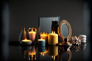  a mirror and some candles on a table with a reflection of it in the mirror and a mirror behind it with a reflection of it and a reflection of the candle on the table. Generative AI