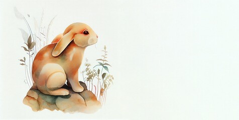 Watercolour background with rabbit, leaves and place for text. Illustration for Lunar Chinese New Year or for the Easter card and invitation, book and calendar with place foe text. AI generative
