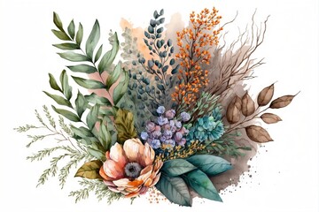  a painting of a bouquet of flowers and leaves on a white background with a watercolor effect of orange, pink, blue, and green leaves and brown on the top of the bouquet. Generative AI