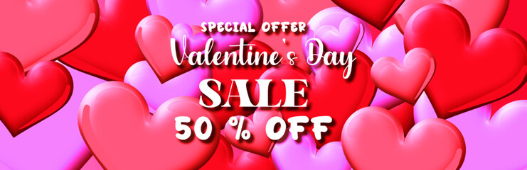 Valentine's Day Sale 50% off Poster or banner with many sweet hearts and on red background.Promotion and shopping template or background for Love and Valentine's day concept.Vector illustration eps 10