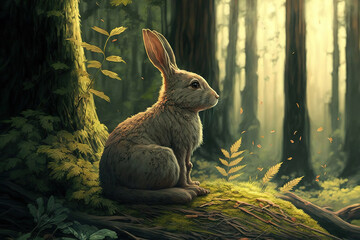 a rabbit sitting in the middle of a forest, art illustration 