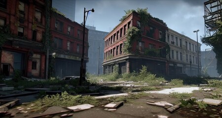 Post-Apocalypse Abandoned City Streets Buildings Created with Generative AI Technology