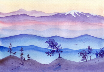 Watercolor landscape on paper depicting silhouettes of mountains and vegetation.