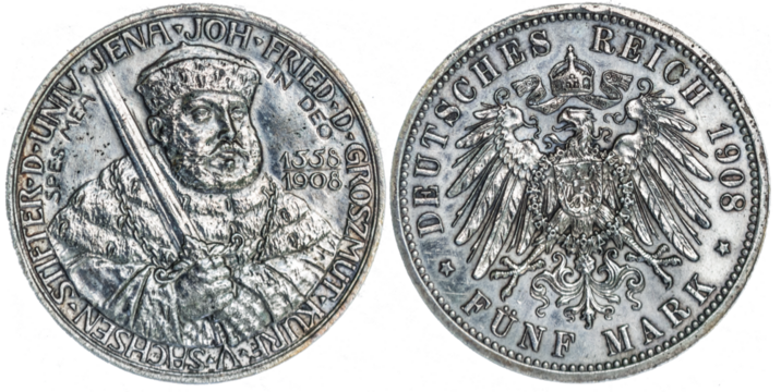 Deutsches Reich 5 Mark 1908 Universität Jena, Silbermünze 