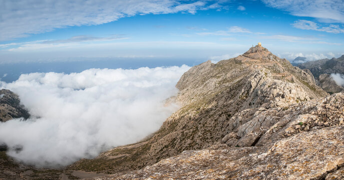 top of Puig Major with the radar installations surrounded by mist, Serra de Tramuntana, Majorca, Balearic Islands, Spain