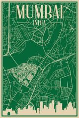 Green hand-drawn framed poster of the downtown MUMBAI, INDIA with highlighted vintage city skyline and lettering