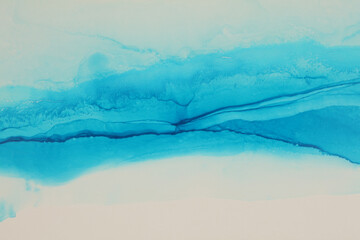 Art flow Abstract watercolor and Alcohol ink marble smoke blot painting. Blue and beige color canvas texture horizontal background.