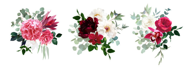 Fototapeta na wymiar Trendy magenta bouquets vector design bouquets. Hot pink roses, barbie pink ranunculus, white peony