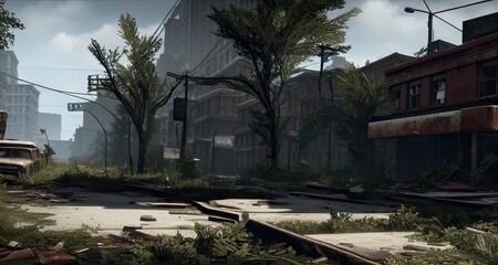 Obraz premium Post-Apocalypse Abandoned City Streets Buildings Created with Generative AI Technology