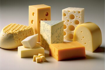  a variety of cheeses are arranged on a table top, including cheeses, cheese slices, and cheese cubes, all on a white surface, with a gray background, with a few spots. Generative AI
