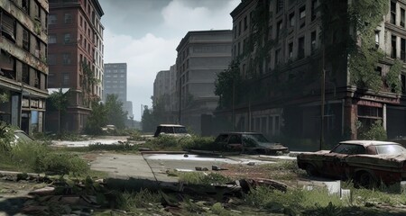 Fototapeta premium Post-Apocalypse Abandoned City Streets Buildings Created with Generative AI Technology