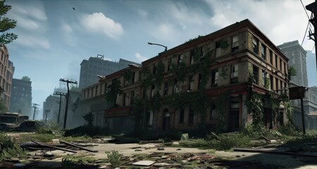 Fototapeta na wymiar Post-Apocalypse Abandoned City Streets Buildings Created with Generative AI Technology