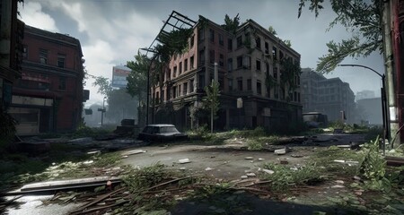 Fototapeta na wymiar Post-Apocalypse Abandoned City Streets Buildings Created with Generative AI Technology