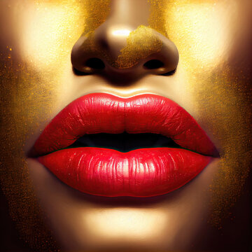 Dark skin beautiful woman with bright red lips and gold makeup close-up. Not a real person, made with Generative AI