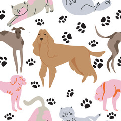 Semlles pattern. Cartoon dogs and cats characters design collection with flat color in different poses. Vector illustration
