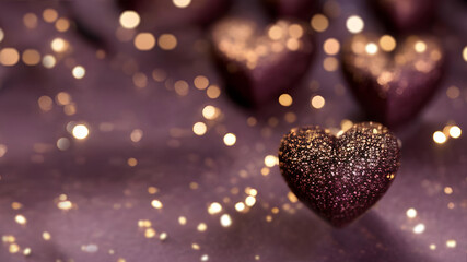Dark chocolate hearts with golden flakes, brown bokeh background. Valentine's Day, sweet romance, love, affection, Mother's Day, friendship. Flat lay, copy space, generative AI.