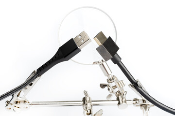 Hands Free Magnifying Glass with Crocodile Clips Holding connector port peripheral usb cables.