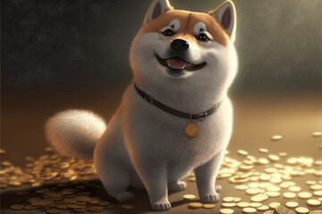 Adorable fluffy shiba inu smiling on top of a pile of gold coins, Generative AI. 