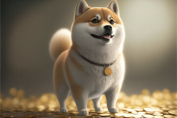 Cute fluffy pup standing on top of money, Generative AI. 