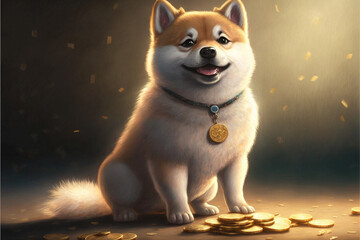 Shiba Inu is proud of his gold coins, Generative AI. 