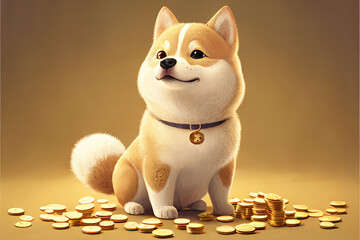 Proud shiba Inu puppy surrounded by gold coins,  generative AI. 