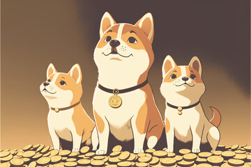 Three proud shiba Inu puppies standing proud over their gold, generative AI. 