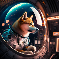 Cute space dog in a rocket going to the moon, generative AI. 