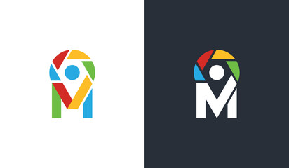 initial Letter M with Location Pin and shutter Logo Concept sign symbol icon Element Design. Photography, Photographer Logotype. Vector illustration template