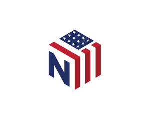 initial Letter N with American Flag in Shape of Hexagon Logo Concept symbol icon sign Element Design. Home, Real Estate, Realtor, Mortgage, House Logotype. Vector illustration template