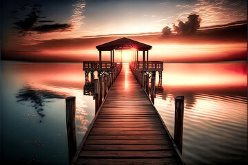a wooden dock leading to a sunset - Generative AI