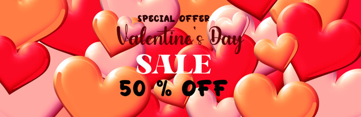 Promo Web Banner for Valentine's Day Sale. Beautiful Background with Red Hearts. Vector Illustration with Seasonal Offer. Vector illustration