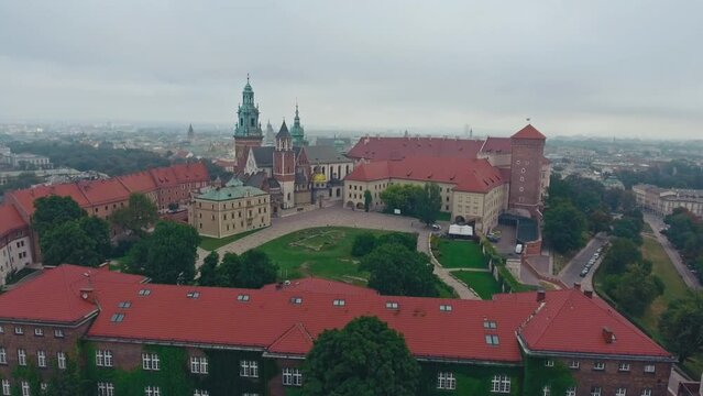 aerial view of Warsaw old town, historical centre of Warsaw at sunrise, flying above Warsaw royal castle, capital of Poland, tourism in Eastern Europe. High quality 4k footage