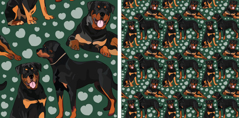 Pattern design with several Rottweiler dogs, funny doodles, and seamless pattern.T-shirt textile, wallpaper, wrapping paper, background graphic design with hearts on green background. Valentine's Day