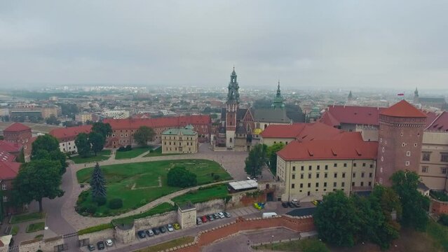 aerial view of Warsaw old town, historical centre of Warsaw at sunrise, flying above Warsaw royal castle, capital of Poland, tourism in Eastern Europe. High quality 4k footage