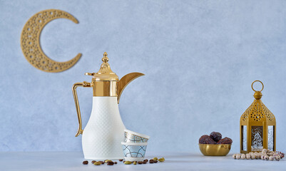 Traditional arabic coffee . Ramadan  decor with Arabian coffee set