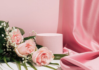 Romantic pastel pink composition. Satin curtain and bouquet of pink roses. Suitable for Product...