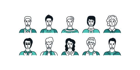Set of People Avatars with Minimal Cartoon Style and Various Expressions. Male Character Collection