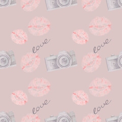 valentine's day watercolor seamless pattern kisses and retro camera 