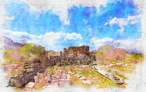 Ephesus Ancient City view in Turkey. Ephesus is great tourist attraction in Turkey.Watercolor artistic work .