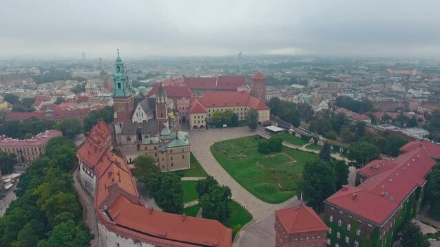 aerial view of Warsaw old town, historical centre of Warsaw at sunrise, flying above Warsaw royal castle, capital of Poland, tourism in Eastern Europe. High quality 4k footage