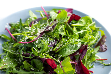 Fresh salad plate with mixed greens (arugula, mesclun, mache) on a white background. Healthy food. Green food.
