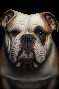 Generative AI portrait illustration of a purebred pug dog looking at the camera, realistic image with black background