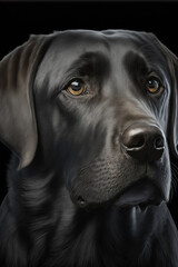 Generative AI of a portrait illustration of a black labrador retriever dog, realistic image with a black background