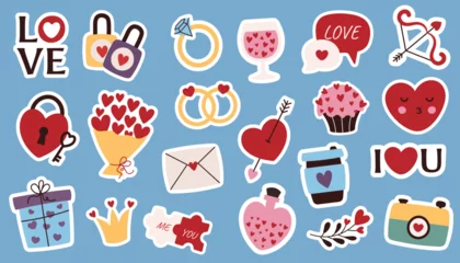 Gordijnen Set of cute vector love stickers for daily planner and diary. Colorful and modern Valentines Day stickers. © Anna Yakushenko