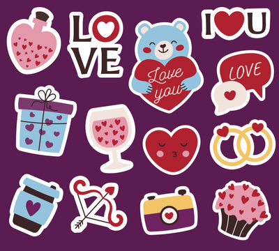 A beautiful set of love stickers. Wishes and graphics for Valentine's Day. Vector sticker