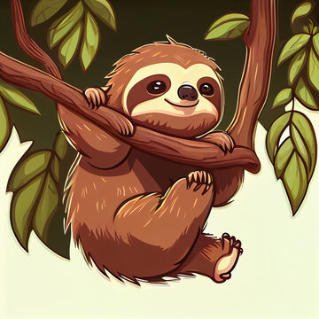 cute sloth hanging from tree branch cartoon style created with generative AI