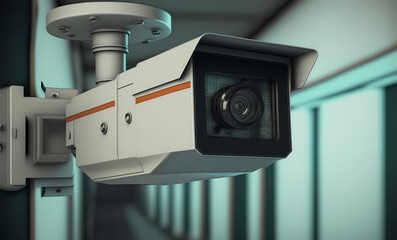 Modern CCTV camera background shop store with blur shopping mall, with copy space. Generation AI