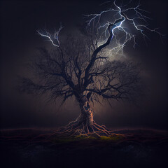 a gloomy tree with fallen leaves on charred ground with lightning bolts above it on a dark gray background